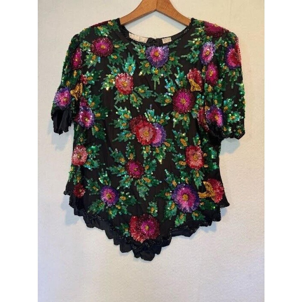 Laurence Kazar Beaded Top Womens‎ Size PM Silk Floral Vintage Zip Up - Picture 8 of 15